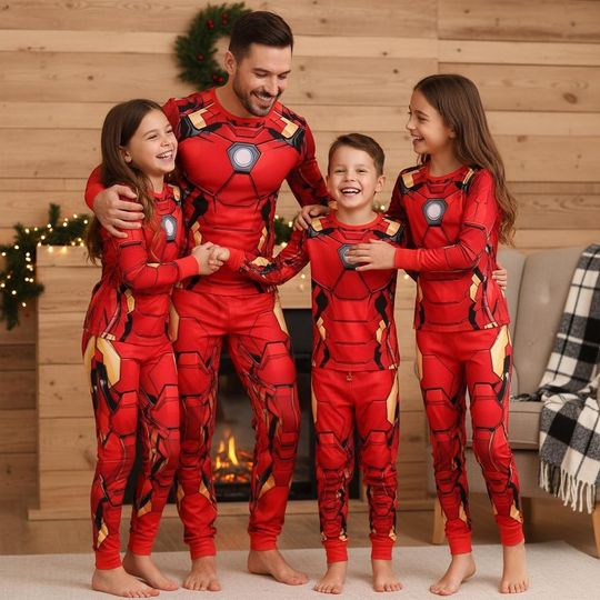 Superhero Christmas Family Pajama Set, Matching Long Sleeve Sleepwear for Adults, Holiday Loungewear, Christmas Gift