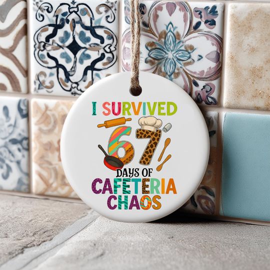 Discover I Survived 67 Days of School Ornament, Retro Vintage Keepsake, Teacher & Student Gift, Double-Sided Ceramic Ornament