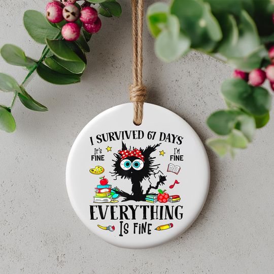 Discover Everything Is Fine Ceramic Ornament, I Survived 67 Days, Funny Teacher & Student Gift, School Milestone Keepsake, Holiday Decoration