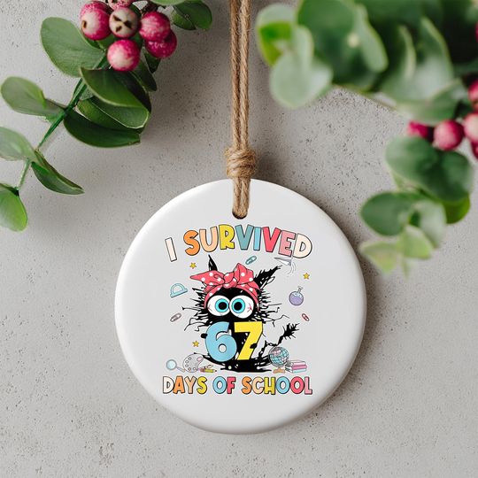 Discover Funny Cat Ornament, I Survived 67 Days of School Ceramic Keepsake, Humorous Teacher & Student Gift, School Milestone Decor, 2 Sides