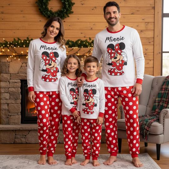 Discover Minnie Mouse Family Christmas Pajamas Set, Disney Holiday Matching PJs, Red Polka Dot Minnie Sleepwear for Adults