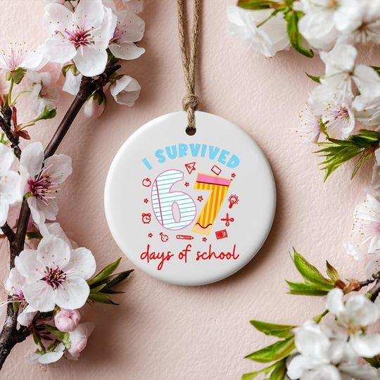 Discover I Survived 67 Days of School Ornament, Funny Meme Ceramic Keepsake, Teacher & Student Gift, Humorous Back to School Decoration, 2 Sides