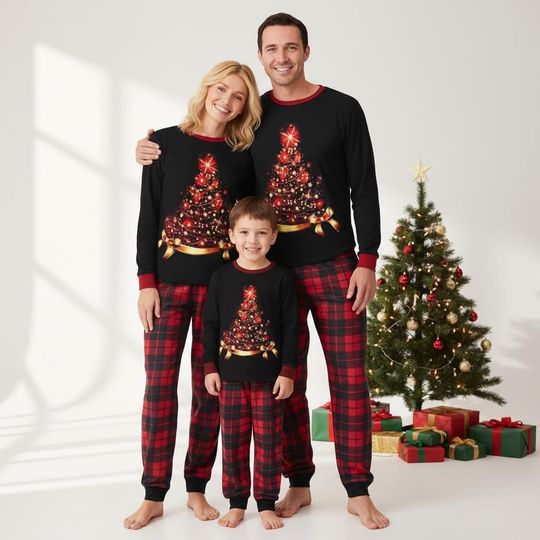 Light Christmas Tree Family Pajama Set, Plaid Matching Holiday Sleepwear