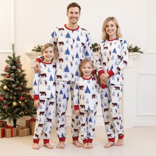 Bear and Pine Tree Family Christmas Pajamas Set, Holiday Matching Sleepwear for Adults, Cozy Winter Family PJs