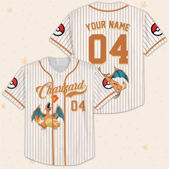 Charizard Vintage Anime Baseball Jersey, Orange Striped Poke Shirt, Custom Name Number Retro Cartoon Tee, Cool Gift for Him PSH1604-1607.C