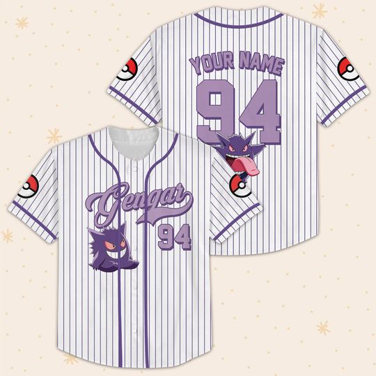 Vintage Anime Gengar Baseball Jersey, Custom Name Number,  Purple Striped Poke Shirt, Retro Ghost Cartoon Manga, Gift For Him PSH1604-1607.C