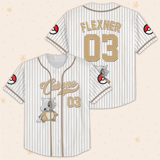 Discover Vintage Anime Cubone Baseball Jersey, Cream Striped Poke Game Shirt, Custom Name Number Retro Cartoon Tee, Gift for Boy Girl PSH1604-1607.C