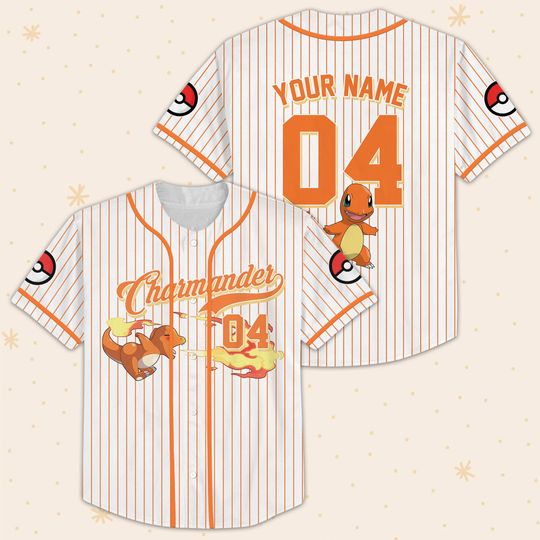 Charmander Baseball Jersey, Vintage Anime Orange, Striped Poke Shirt, Custom Name Number Tee, Manga Fire Cartoon Gift For Him