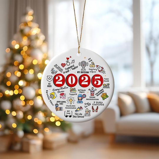 Discover 2025 Year in Review Funny Ornament, Trending Hot Topic Decoration, Unlocked Event Keepsake for Family and Friends, Printed 2 Sides