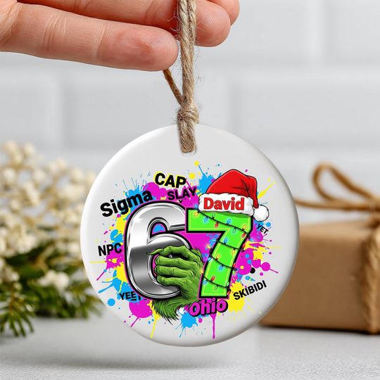 Discover Custom Name 67 Meme Ceramic Ornament, 2025 Meme Stocking Stuffer, Unique Christmas Decoration, Printed 2 Sides, Funny Gen Z Slang Decoration