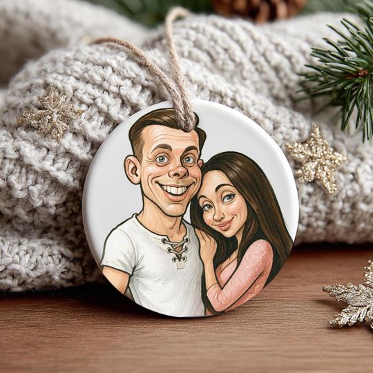 Discover Custom Caricature Portrait Ornament, Funny Personalized Drawing Ceramic Ornament, Gift for Friends, Pets or Family Made to Order, 2 Sides