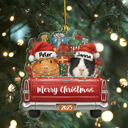 Discover Custom Guinea Pig Christmas Ornament, Personalized Red Truck Holiday Decoration with Gifts & Santa Hats, Cute 2025 Pet Lover Keepsake UN5B46
