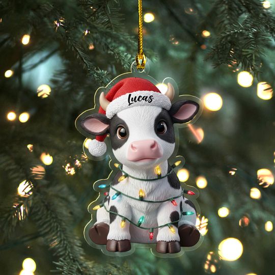 Personalized Cow Christmas Acrylic Ornament, Highland Cow Ornament, Custom Farmhouse Ornament