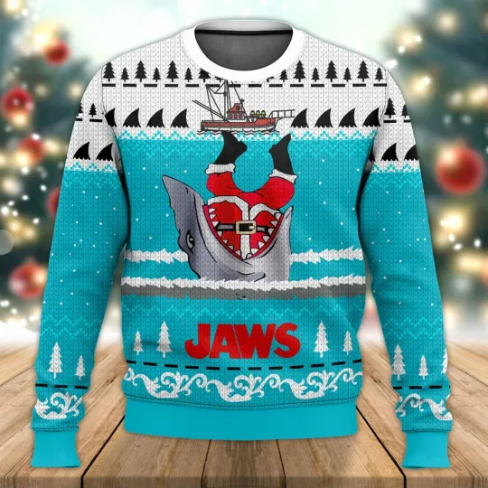 Jaws Santa Christmas Ugly Sweater, Unisex 3D Sweater