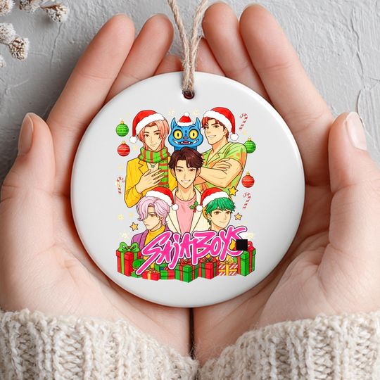 Discover Personalized Demon Hunter Ceramic Ornament, Anime Holiday Decoration with Cute Characters, Santa Hats & Festive Gift Boxes, Printed 2 Sides