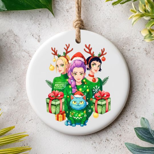 Discover Personalized KPOP Christmas Ornament, Custom Demon Hunter Ceramic Keepsake with Festive Gifts & Cat, Holiday Decoration, Printed 2 sides