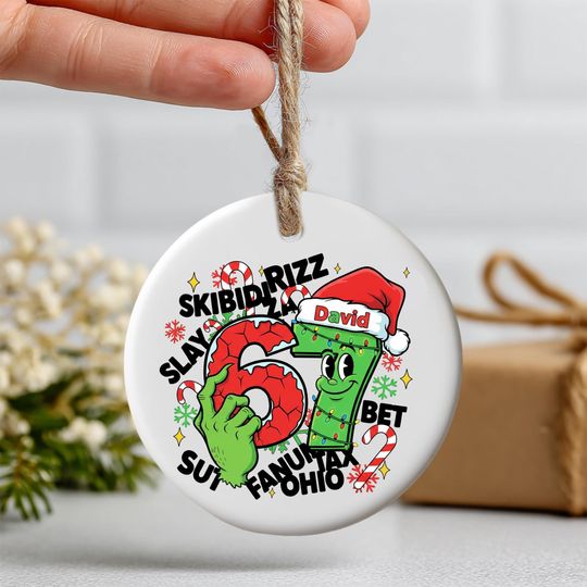 67 Christmas Ornament 2025  Green Monster Hand Custom Name Design, Funny Gen Z Slang Decor with Santa Hat & Lights, Viral Meme Ornament