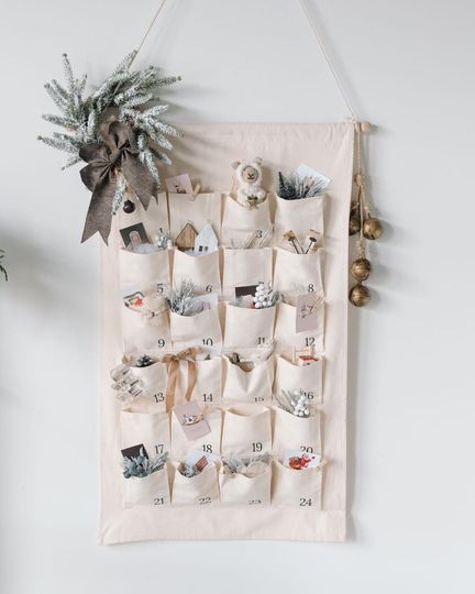 Discover Personalized Embroidered Canvas Fabric Advent Calendar: Large Linen Wall Hanging with Big Pockets