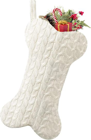 Malier Dog Christmas Stocking, Bone-Shaped Knit White Holiday Stocking for Dogs and Cats