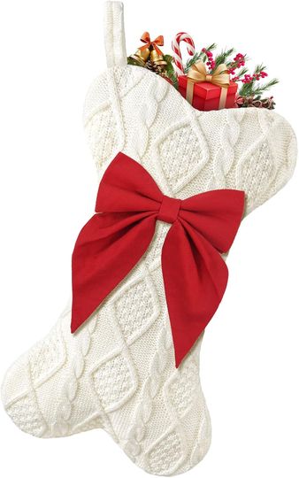 Dog Bone Christmas Stocking, Knit White Pet Stocking, Hanging Bone with Bow for Dogs and Pets