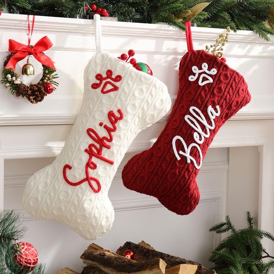 2025 Personalized Dog Bone Christmas Stockings Set with Pet Paw Design for Holiday Decor