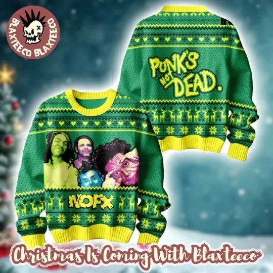 Discover NOFX Punks Is Not Dead Holiday 2025 Knitted Green Ugly Christmas Sweater