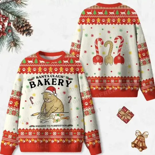 Discover Bakery Cat Ugly Christmas Knit Sweater