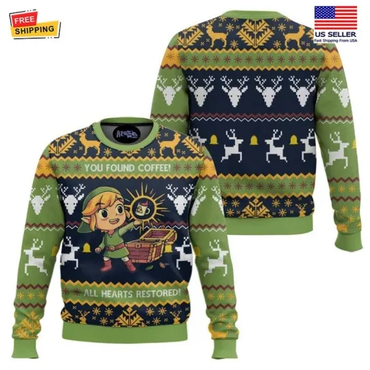 Legend of Zelda Coffee Ugly Christmas Sweater Gamer Geek Holiday Pullover Gifts