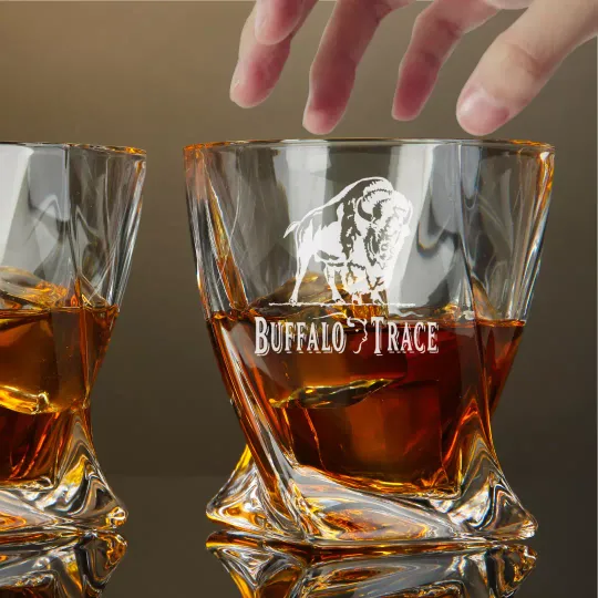 Discover Engraved Buffalo Trace Whiskey Glass, Twisted Rocks Glass