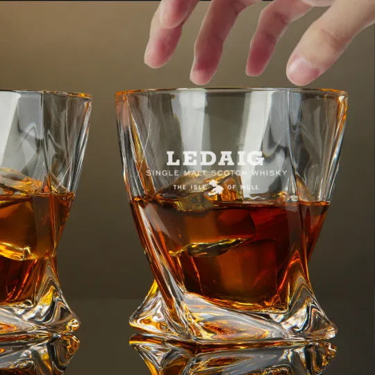 Engraved Ledaig Scotch Whiskey Glass,  Twisted Rocks Glass