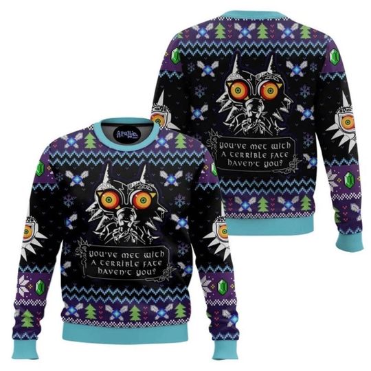 Majora Mask Terrible Fate Ugly Christmas Sweater, Black Gamer Holiday Knit, Zelda Inspired Winter Crewneck Sweatshirt, Unisex Gift