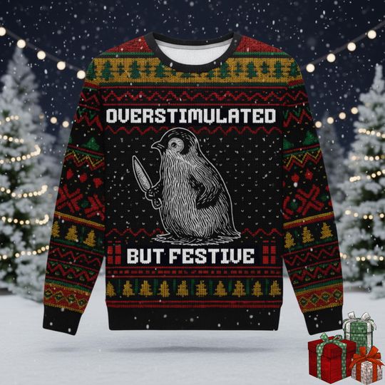 Discover Overstimulated But Festive Ugly Christmas Sweater, Penguin Ugly Christmas Sweaters, Funny Penguin Shirt, Possum Gift, Trashcore Meme Sweater