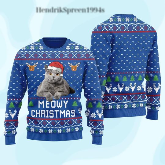 Discover Christmas Cat Ugly Christmas Sweater, Meowy Christmas Sweater, Funny Meme Cat Sweater, Funny Xmas Gift For Cat Lovers, Holiday Gift