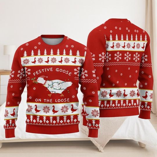 Funny Goose Ugly Christmas Sweater, Festive Holiday Jumper for Men & Women, Cute Animal Xmas Pullover, Hilarious Gift