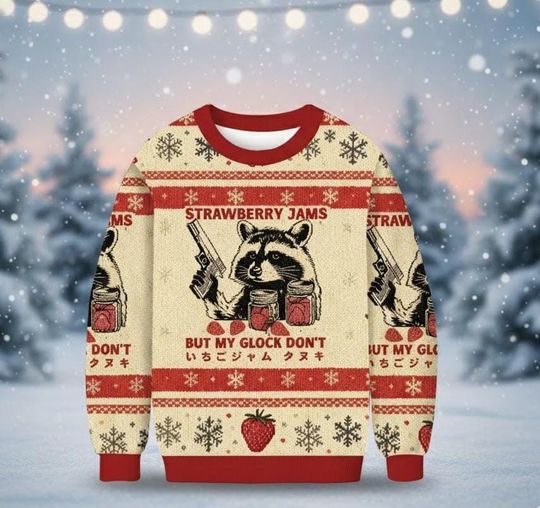 Discover Funny Christmas Raccoon Ugly Sweater 2025, Strawberry Jams But My Glock Don't Knit Sweatshirt, Raccoon Holiday Gift, Cozy Winter Party Gift