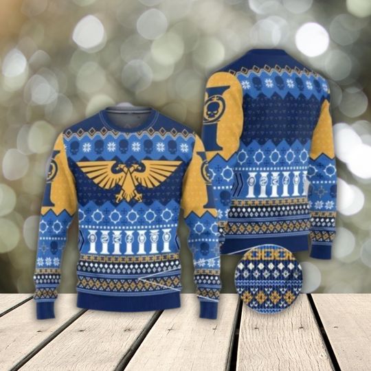 Discover Imperial Eagle Ugly Christmas Sweater 3D  Blue Gold Knit Look Jumper, Unisex All Over Print Holiday Pullover, Sci-Fi Wargame Fan Gift