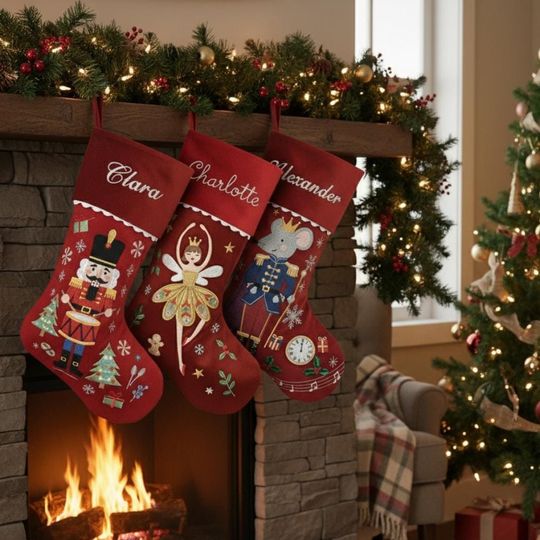 Custom Embroidered Christmas Stockings, Personalized Velvet Nutcracker Stocking with Name, Red Xmas Stocking, Holiday Family Decoration