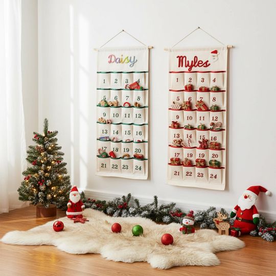 Personalized Christmas Advent Calendar Handmade Yarn Name Fabric Wall Hanging