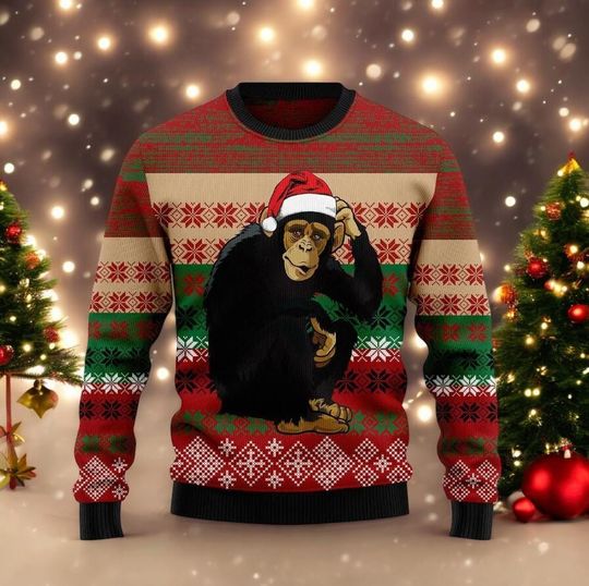 Funny Chimpanzee Christmas Sweater, Santa Monkey Ugly Xmas Jumper, Animal Holiday Knit Sweater, Funny Xmas Gift for Him & Her