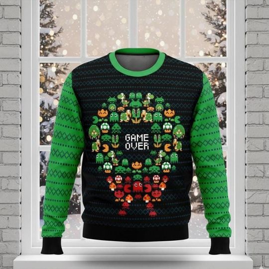 Discover Game Over Christmas Ugly Sweater, Retro Game Xmas Ugly Sweater, Fun Gaming Christmas Party, Gamer Christmas Gift