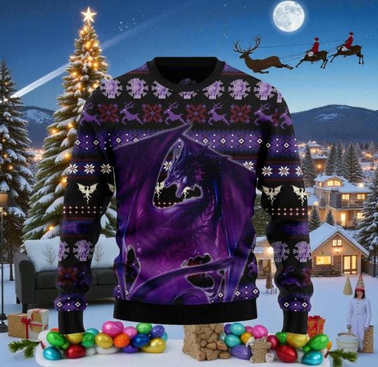 Purple Dragon Ugly Christmas Sweater, ugly Christmas sweater for dragon lovers