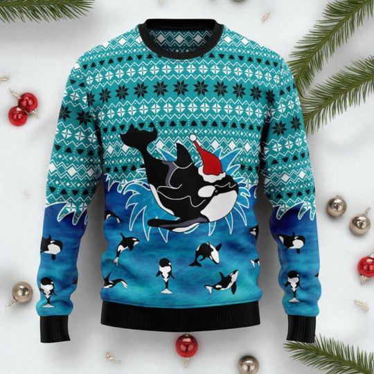 Discover Love Oracle Whale Ugly Christmas Sweater, whale wearing christmas hat sweater