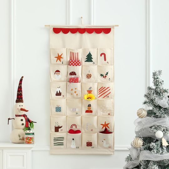 MONOBLANKS Fabric Christmas Advent Calendar with Pockets Reusable 24-Day Countdown Hanging Wall Decor