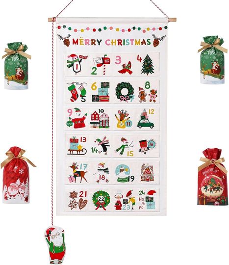 Christmas Fabric Advent Calendar 2025 Wall Hanging with 24 Pockets and 15 Candy Bags