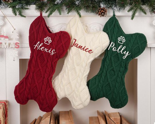 Embroidered Dog Bone Christmas Stocking, Personalized Knit Pet Stocking