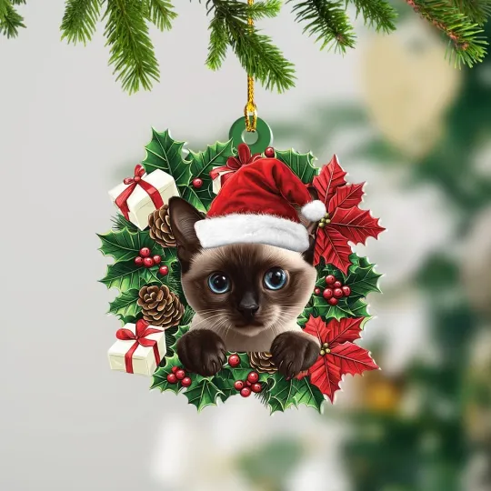 Discover Personalized Siamese Cat Christmas Wreath Ornament, Siamese Cat Holiday Ornament