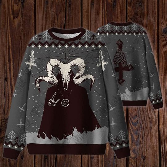 Discover Baphomet Ugly Christmas Sweater, Gothic Holiday Knit, Dark Humor Xmas Jumper, Occult Sweater Gift for Him