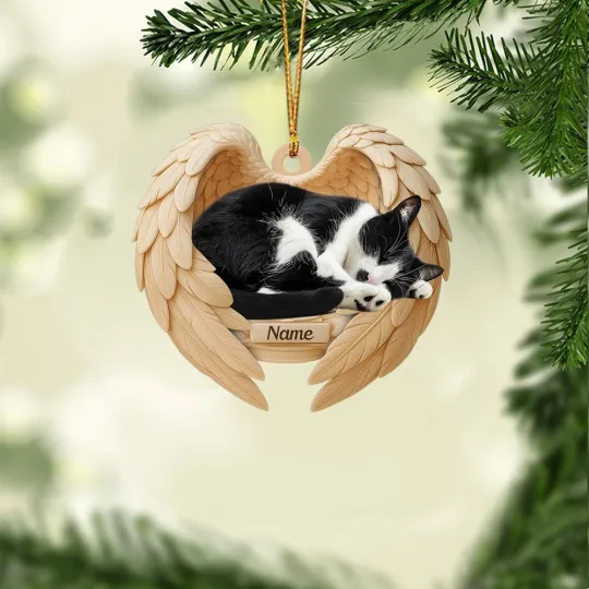 Discover Personalized Sleeping Tuxedo Cat Christmas Ornament, Cat Angel Wings