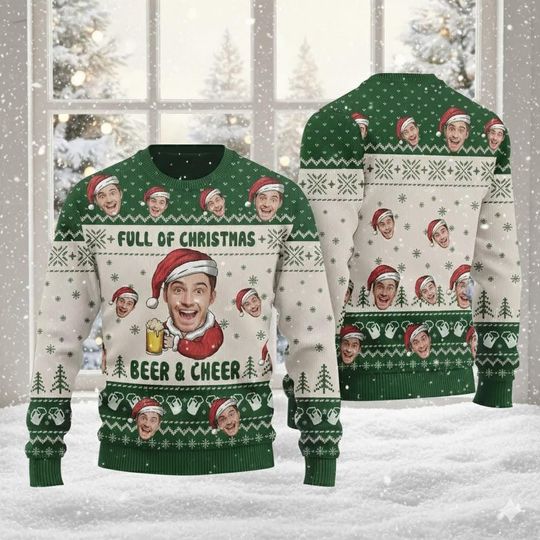Discover Custom Christmas Sweater 2025  Funny Ugly Xmas Jumper, Personalized Photo Gift, Beer & Cheer Holiday Party Outfit, Gag Gift for Him