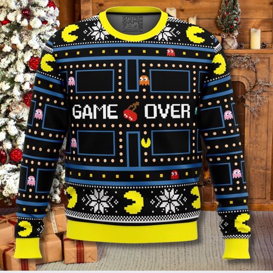 Discover Retro Arcade Game Over Ugly Christmas Sweater, Pac Inspired Maze Pixel Knit, Black Yellow Unisex Gamer Holiday Jumper